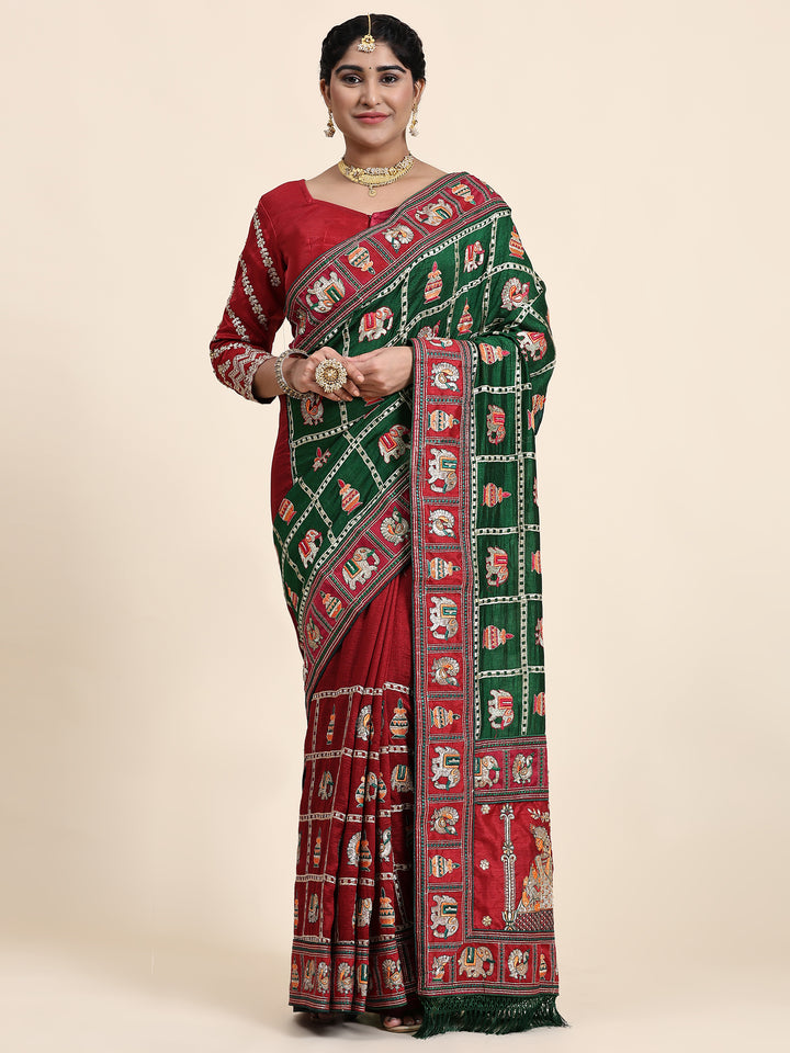 Kaira Green Maroon Embroiderd Panter Patola Half And Half Saree
