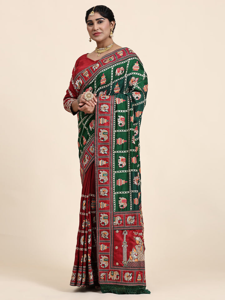 Kaira Green Maroon Embroiderd Panter Patola Half And Half Saree