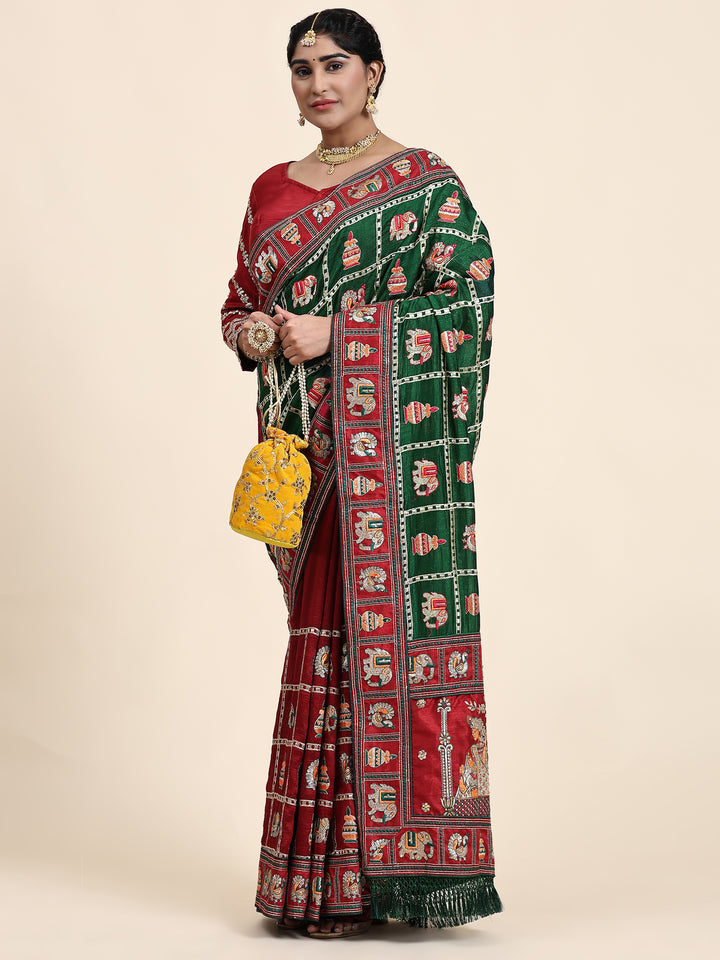 Kaira Green Maroon Embroiderd Panter Patola Half And Half Saree