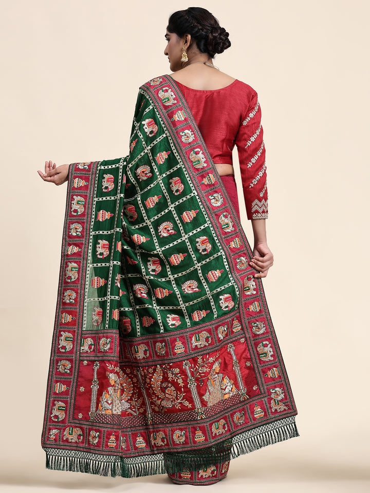 Kaira Green Maroon Embroiderd Panter Patola Half And Half Saree