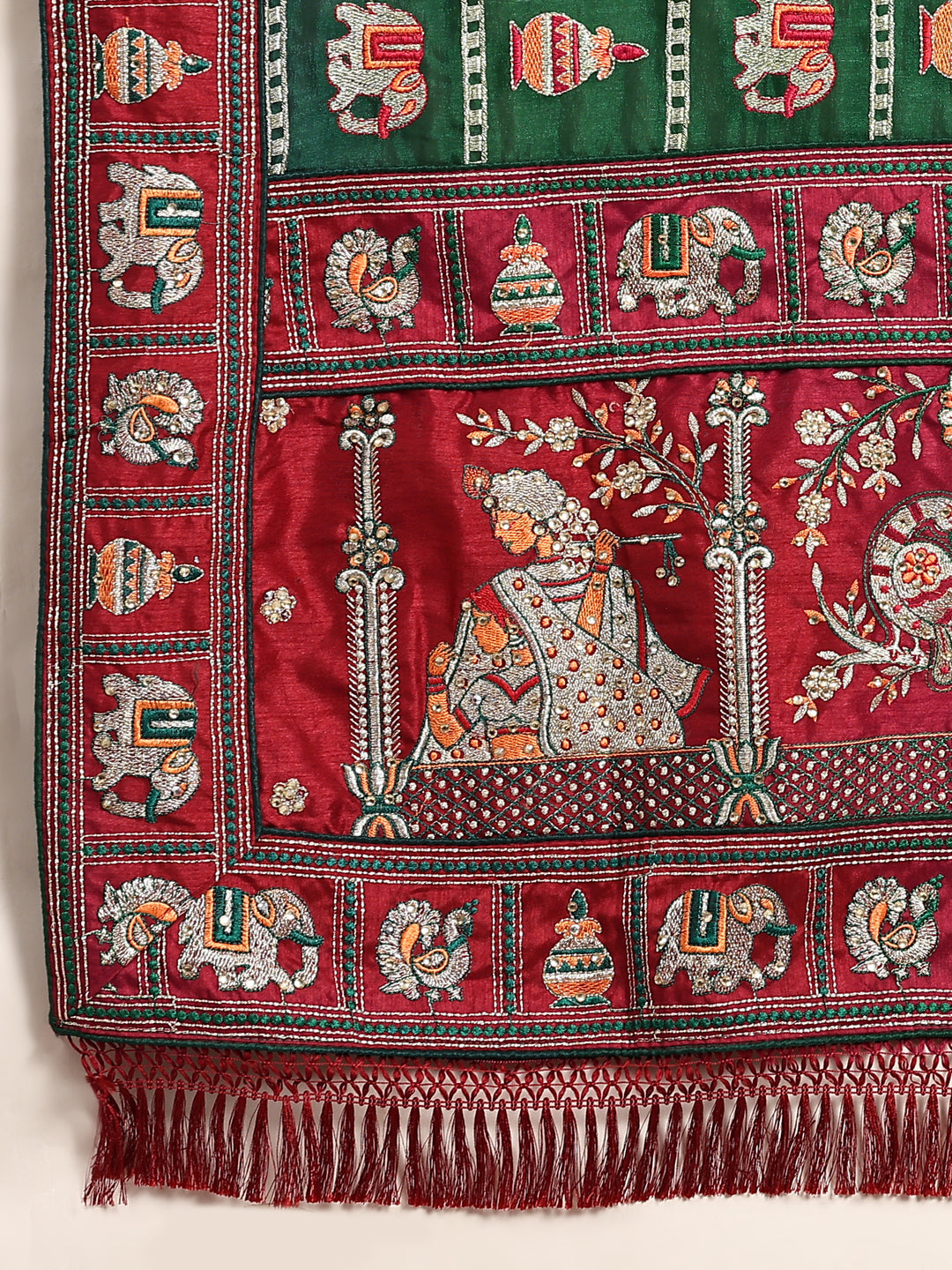 Kaira Green Maroon Embroiderd Panter Patola Half And Half Saree