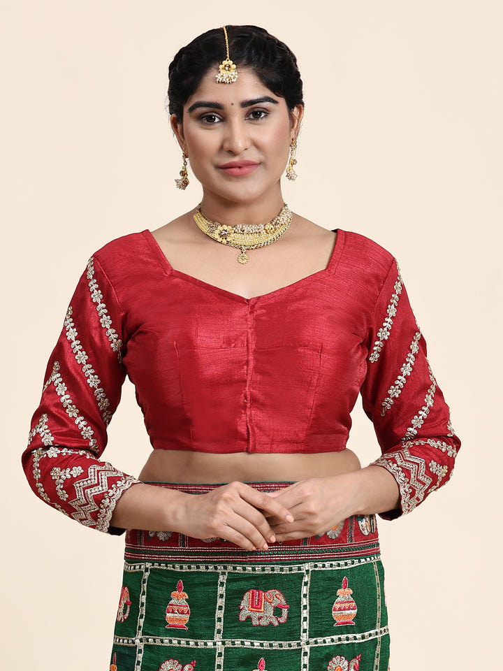 Kaira Green Maroon Embroiderd Panter Patola Half And Half Saree