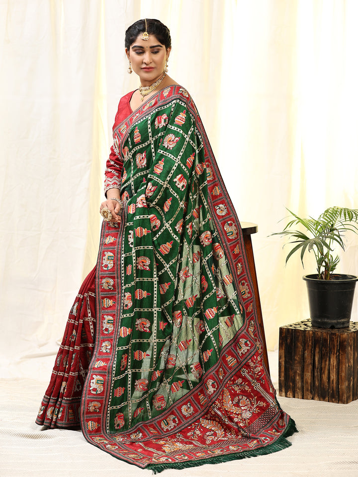 Kaira Green Maroon Embroiderd Panter Patola Half And Half Saree