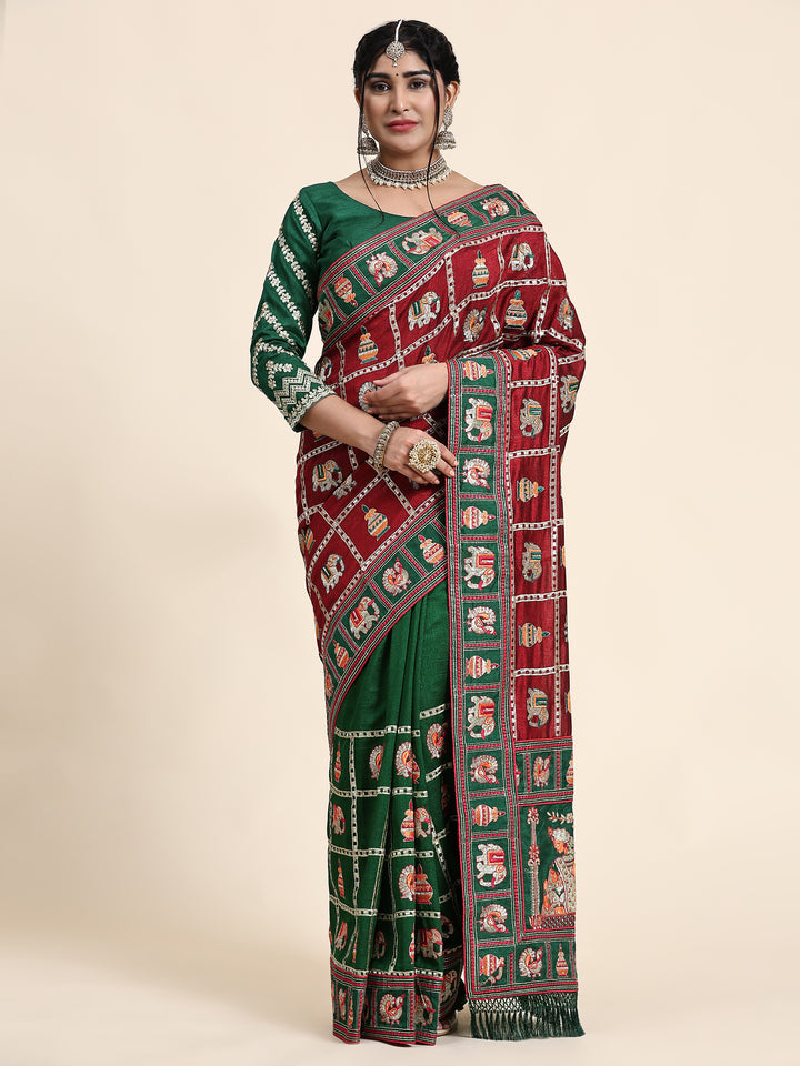Kaira Maroon Green Embroiderd Panter Patola Half And Half Saree