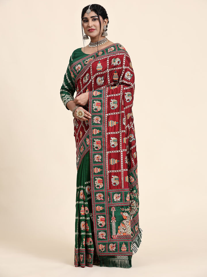 Kaira Maroon Green Embroiderd Panter Patola Half And Half Saree
