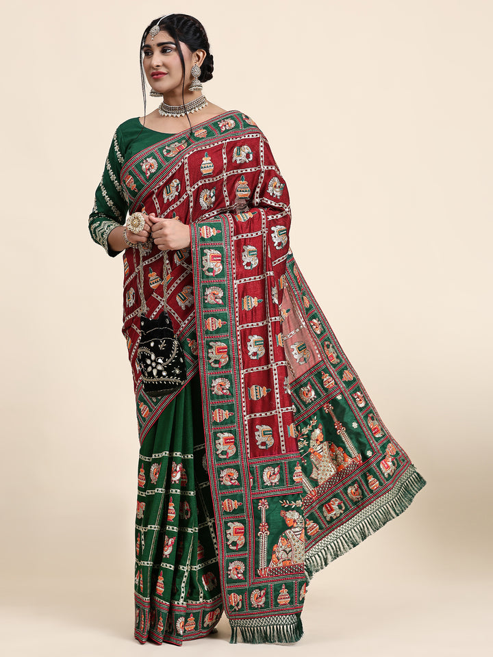 Kaira Maroon Green Embroiderd Panter Patola Half And Half Saree