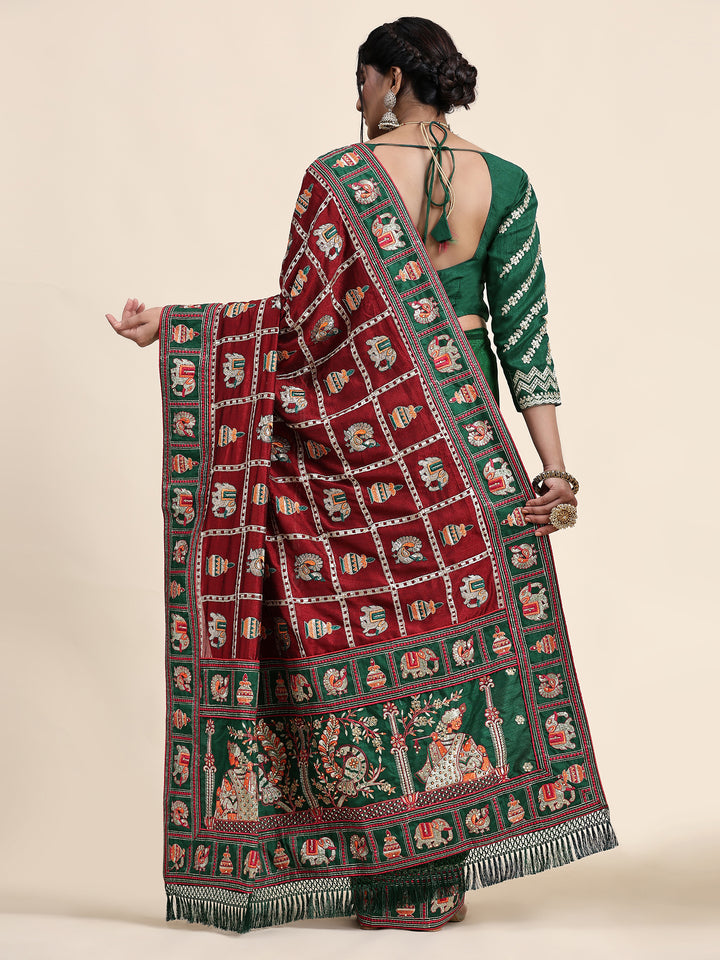 Kaira Maroon Green Embroiderd Panter Patola Half And Half Saree