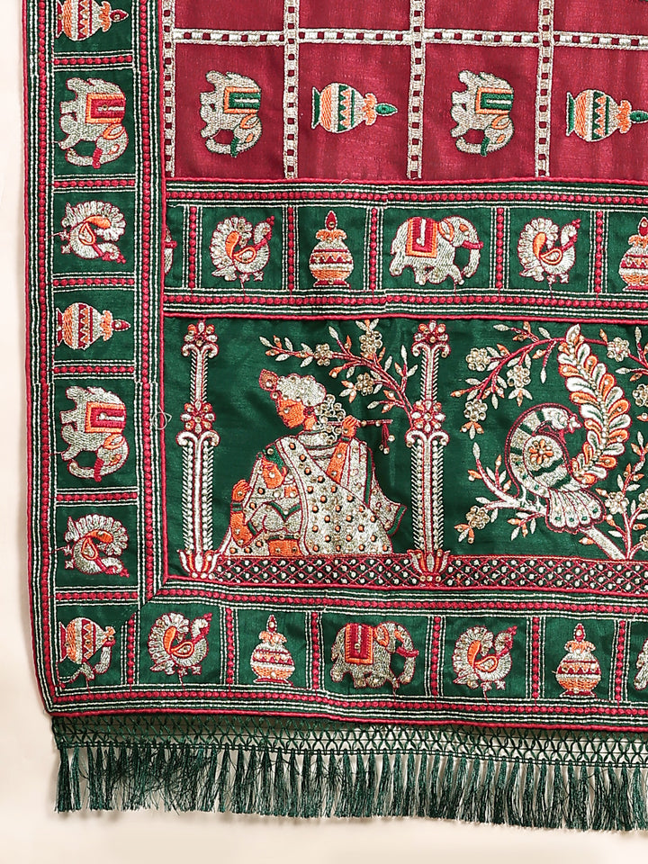Kaira Maroon Green Embroiderd Panter Patola Half And Half Saree