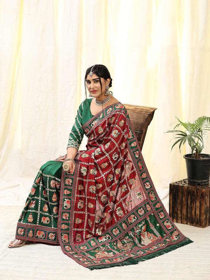 Kaira Maroon Green Embroiderd Panter Patola Half And Half Saree