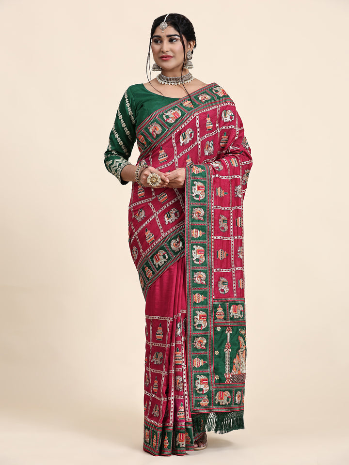 Kaira Dark Pink Green Embroiderd Panter Patola Saree With Blouse
