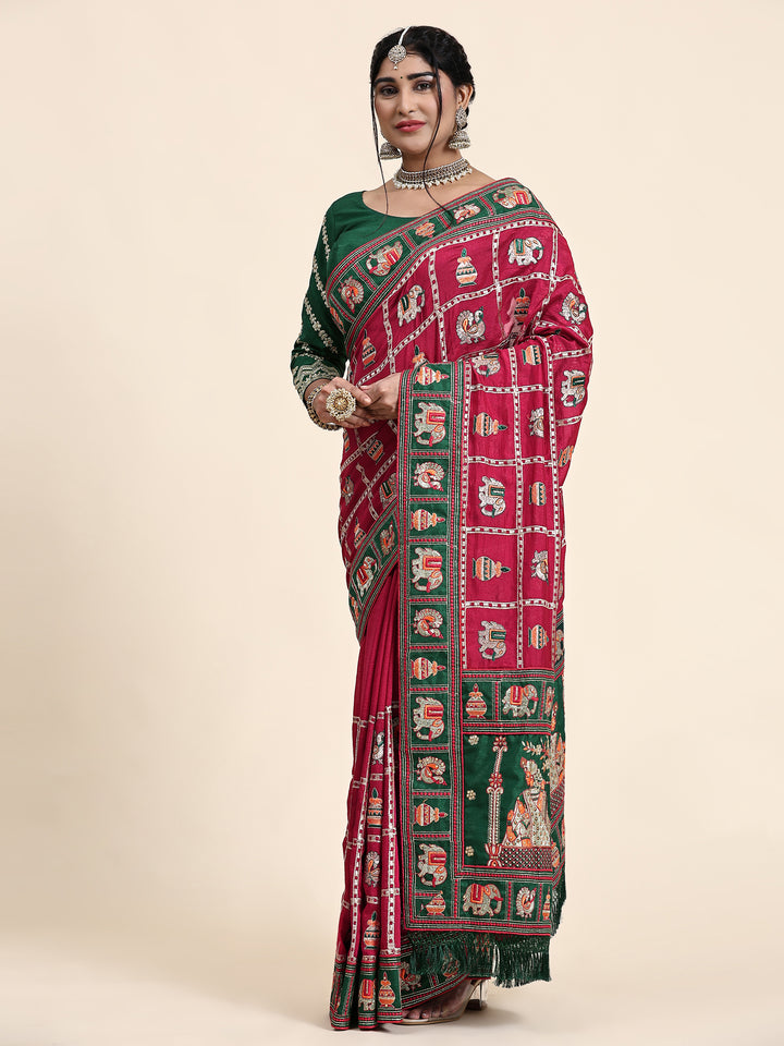 Kaira Dark Pink Green Embroiderd Panter Patola Saree With Blouse