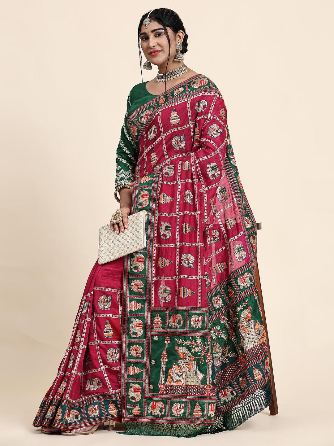 Kaira Dark Pink Green Embroiderd Panter Patola Saree With Blouse
