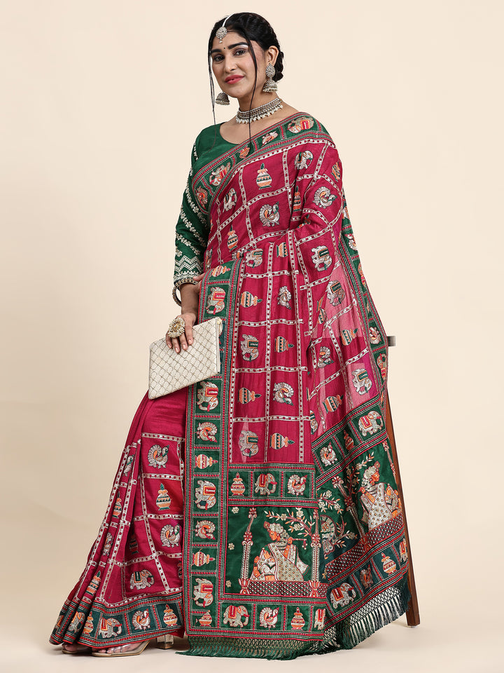 Kaira Dark Pink Green Embroiderd Panter Patola Saree With Blouse