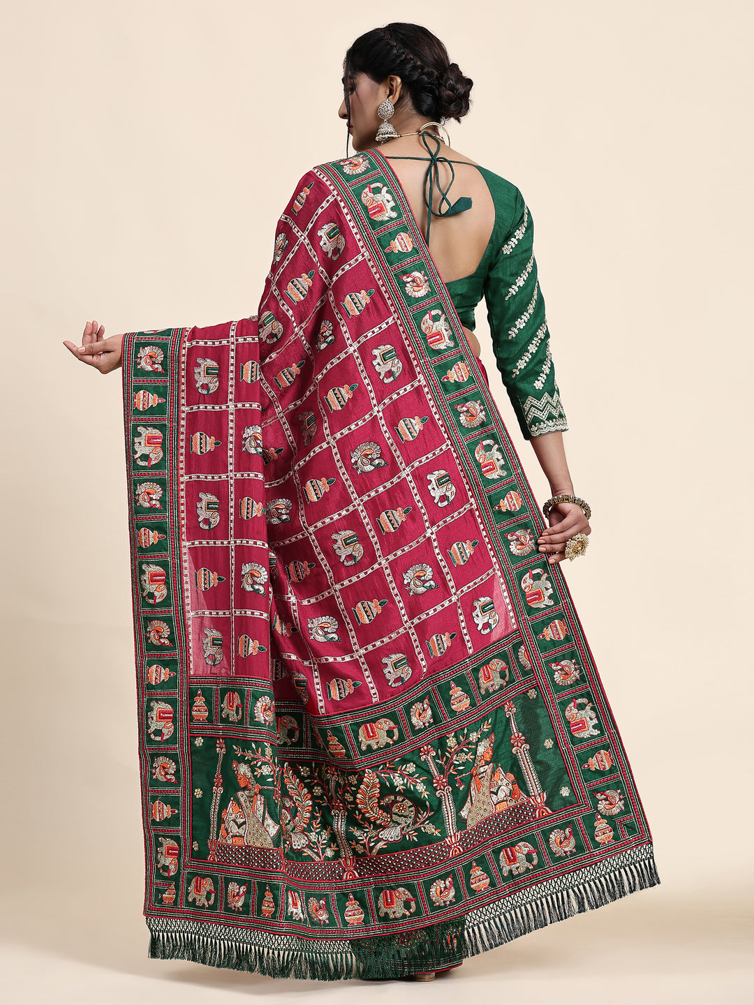Kaira Dark Pink Green Embroiderd Panter Patola Saree With Blouse