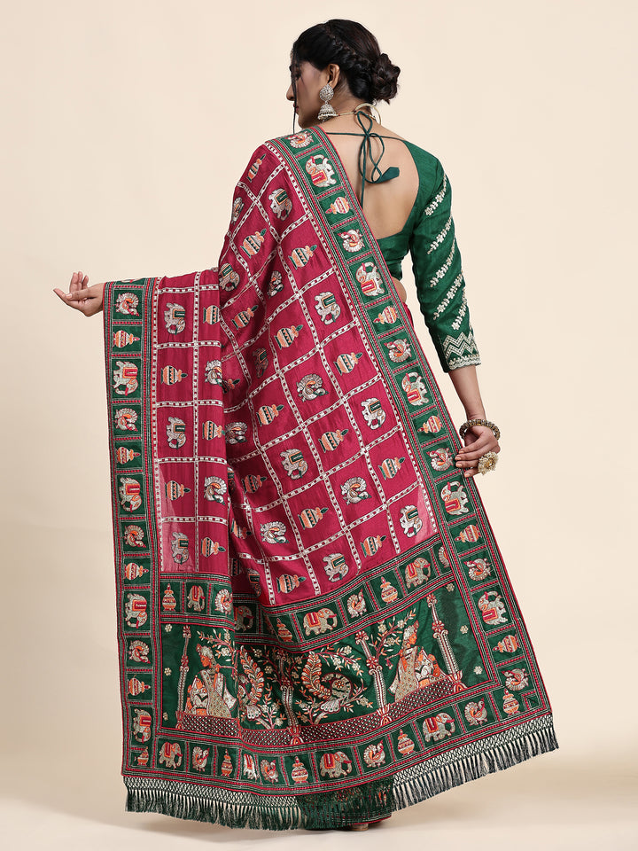 Kaira Dark Pink Green Embroiderd Panter Patola Saree With Blouse