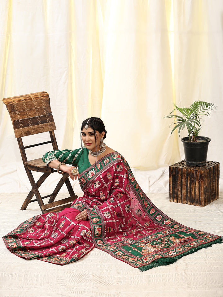 Kaira Dark Pink Green Embroiderd Panter Patola Saree With Blouse