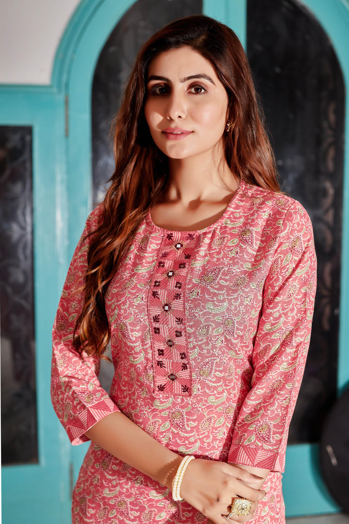 Peach Color Cotton Blend Digital Print Kurti with Pant