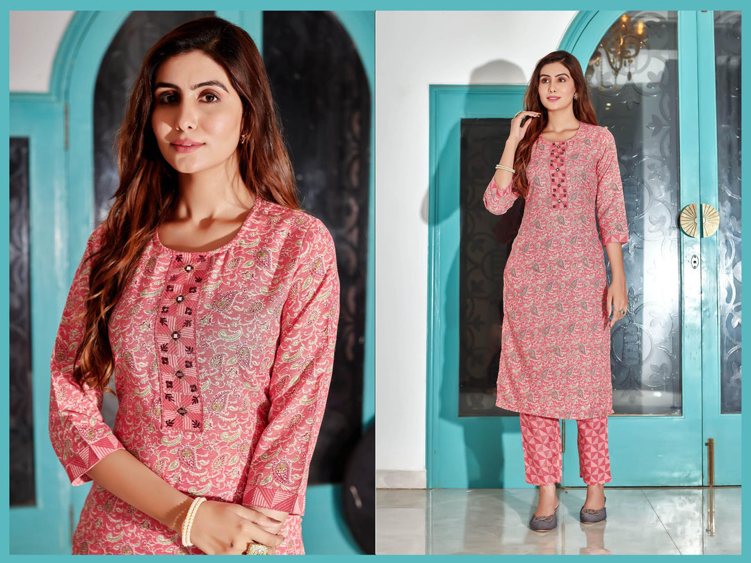 Peach Color Cotton Blend Digital Print Kurti with Pant