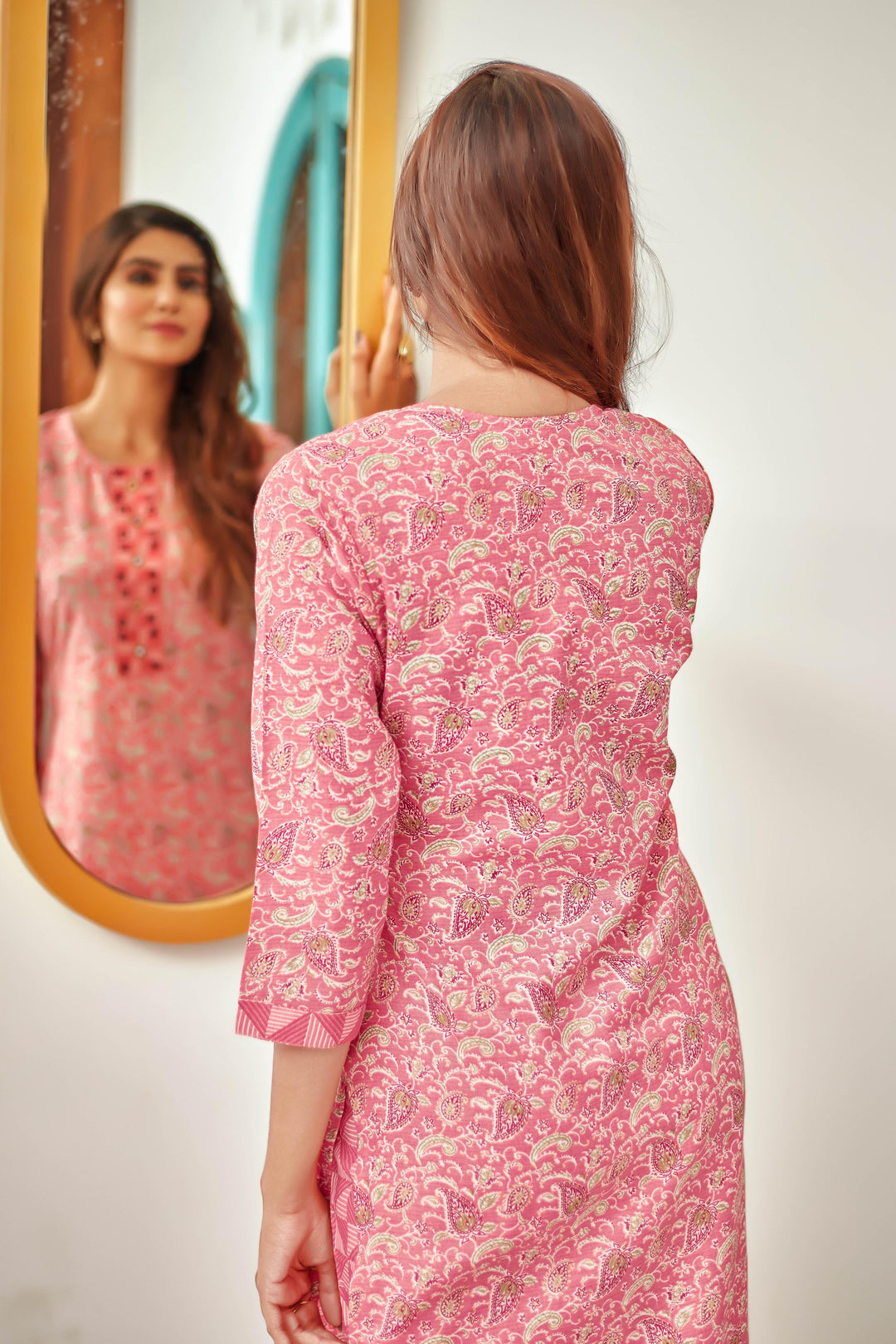 Peach Color Cotton Blend Digital Print Kurti with Pant