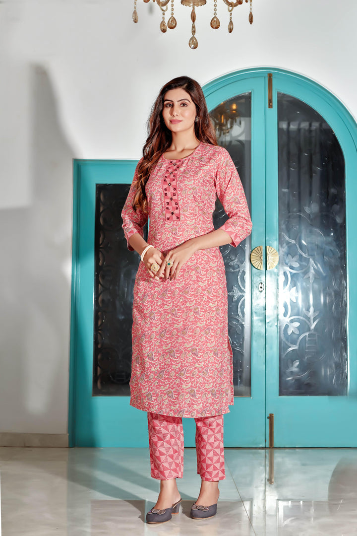 Peach Color Cotton Blend Digital Print Kurti with Pant