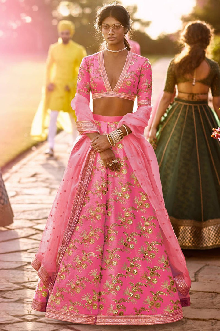 Pink Color Thai Silk With Zari And Sequins Embroiderey Work Lehenga Choli