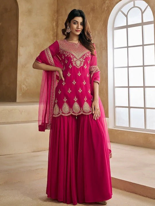 Rani Color Georgette Embroidery Top with Sharara And Dupatta Sets