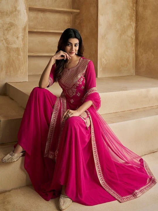 Rani Color Georgette Embroidery Top with Sharara And Dupatta Sets
