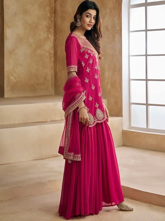 Rani Color Georgette Embroidery Top with Sharara And Dupatta Sets