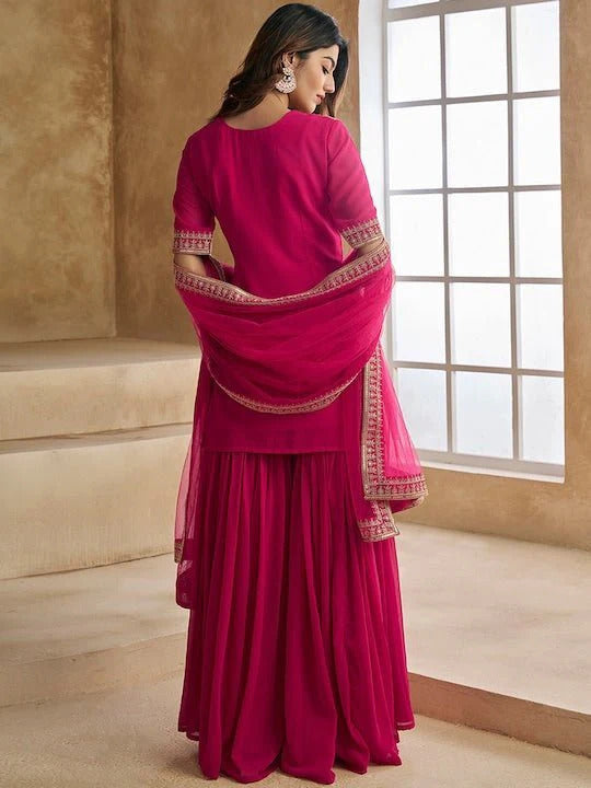Rani Color Georgette Embroidery Top with Sharara And Dupatta Sets