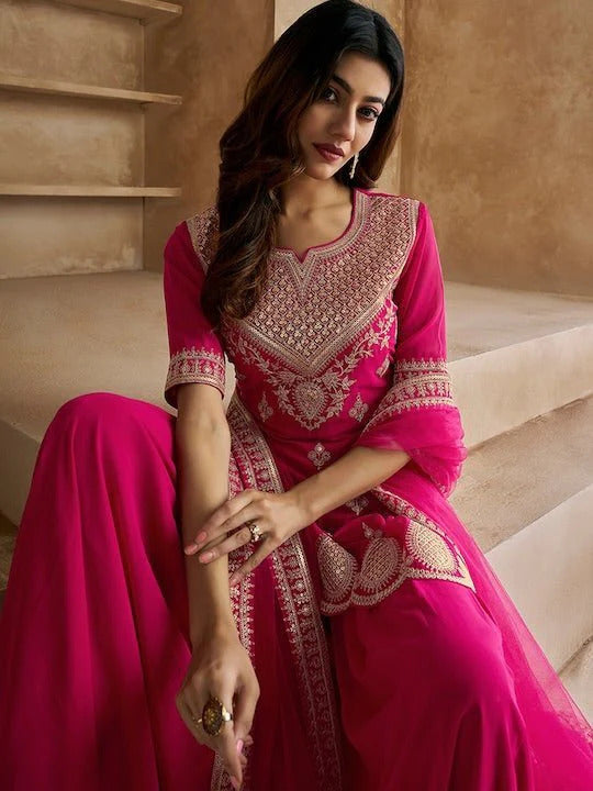 Rani Color Georgette Embroidery Top with Sharara And Dupatta Sets