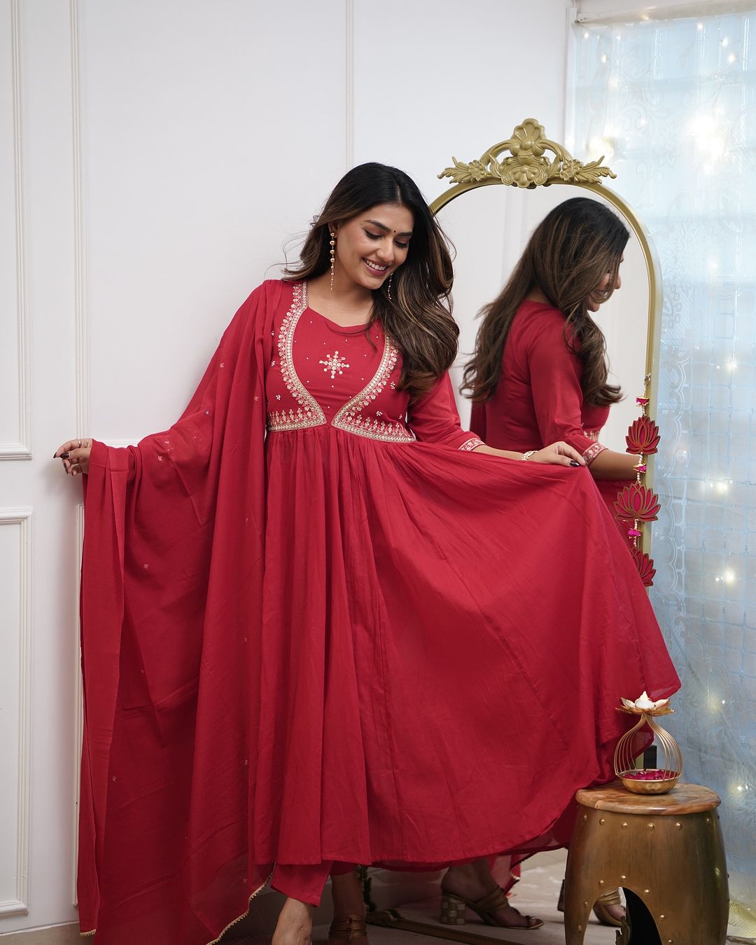 Red Color Muslin Cotton Embroidery Kurti with Pant And Dupatta Sets