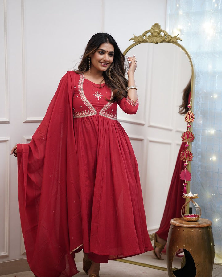 Red Color Muslin Cotton Embroidery Kurti with Pant And Dupatta Sets