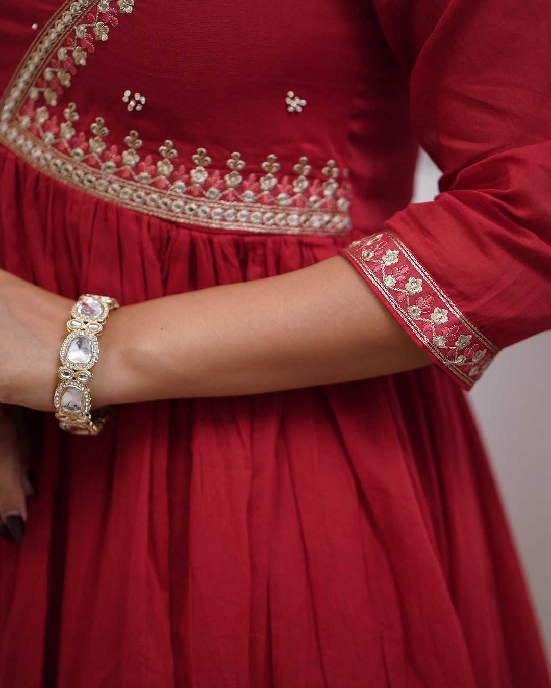 Red Color Muslin Cotton Embroidery Kurti with Pant And Dupatta Sets