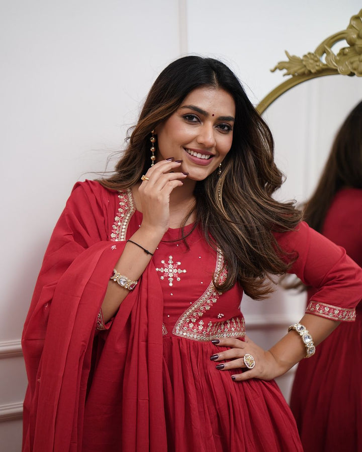 Red Color Muslin Cotton Embroidery Kurti with Pant And Dupatta Sets