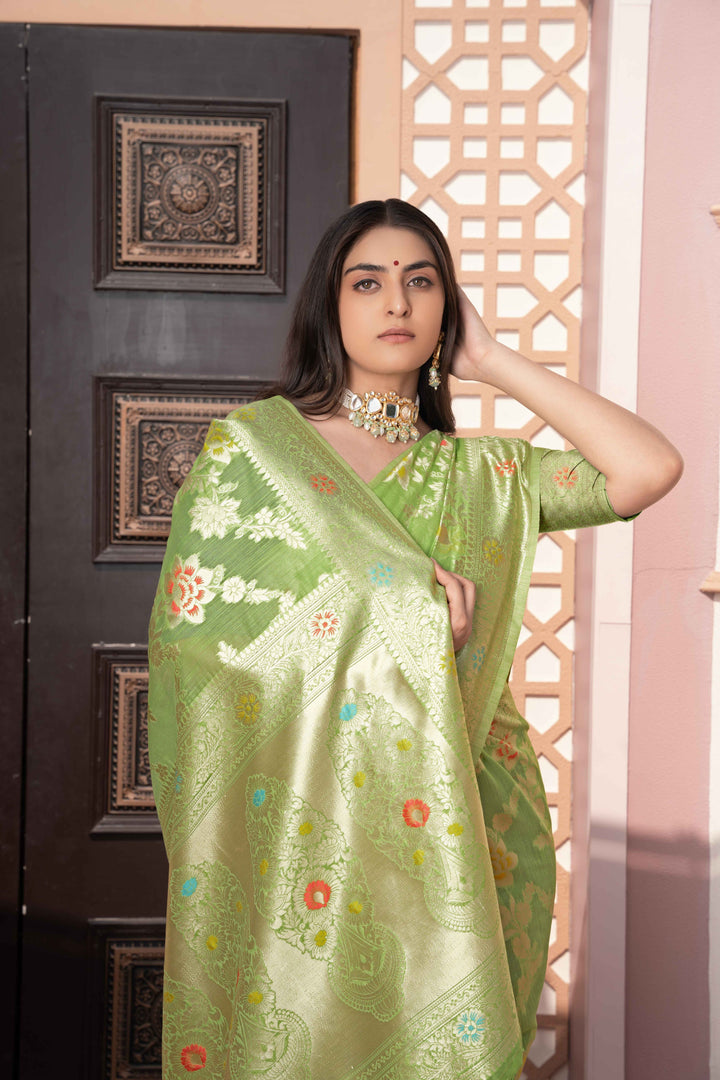 Green Color Cotton Silk Saree With Woven Zari Work With Unstitched Blouse Piece