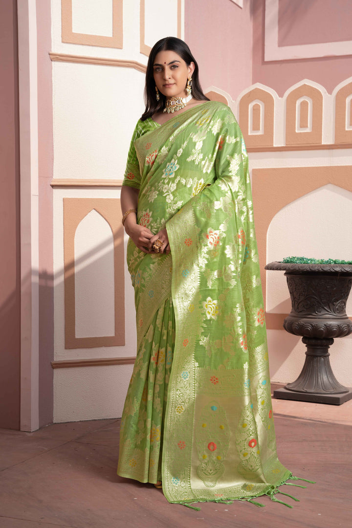 Green Color Cotton Silk Saree With Woven Zari Work With Unstitched Blouse Piece
