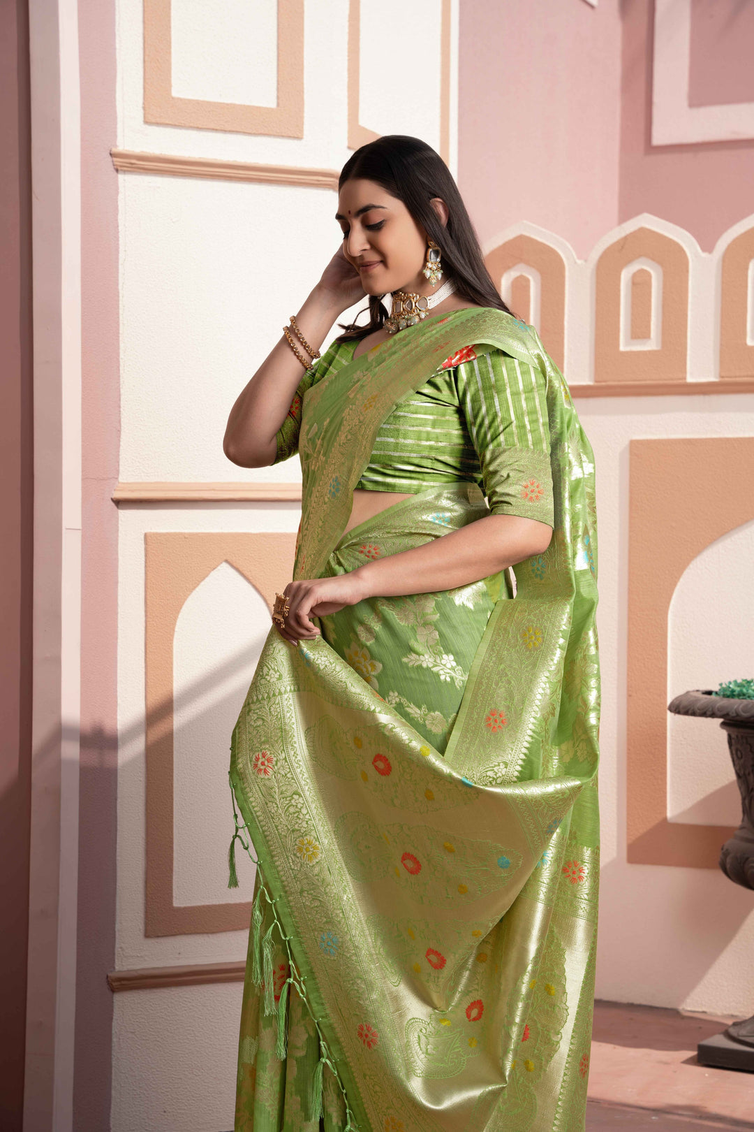Green Color Cotton Silk Saree With Woven Zari Work With Unstitched Blouse Piece