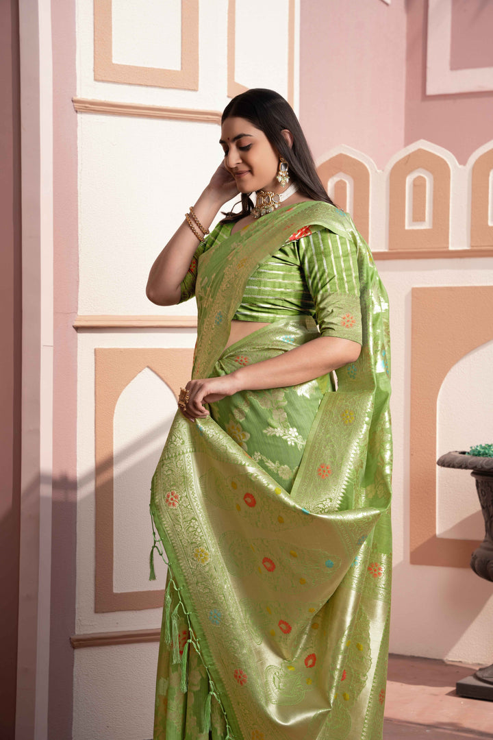 Green Color Cotton Silk Saree With Woven Zari Work With Unstitched Blouse Piece
