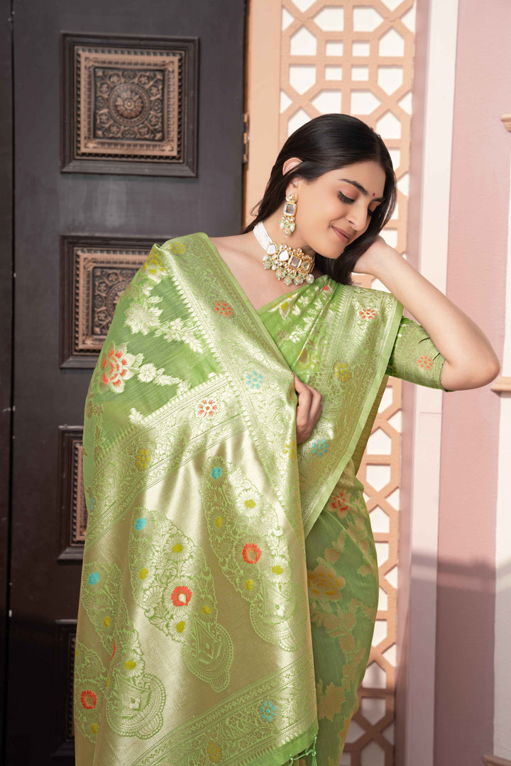 Green Color Cotton Silk Saree With Woven Zari Work With Unstitched Blouse Piece