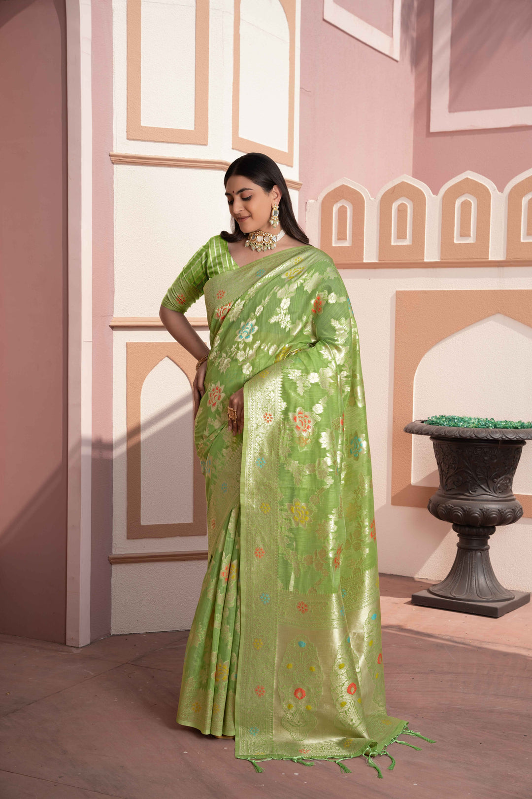 Green Color Cotton Silk Saree With Woven Zari Work With Unstitched Blouse Piece