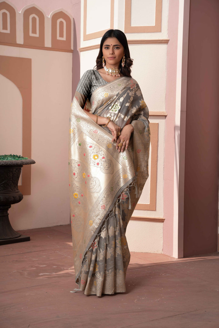 Gray Color Cotton Silk Saree With Woven Zari Work With Unstitched Blouse Piece