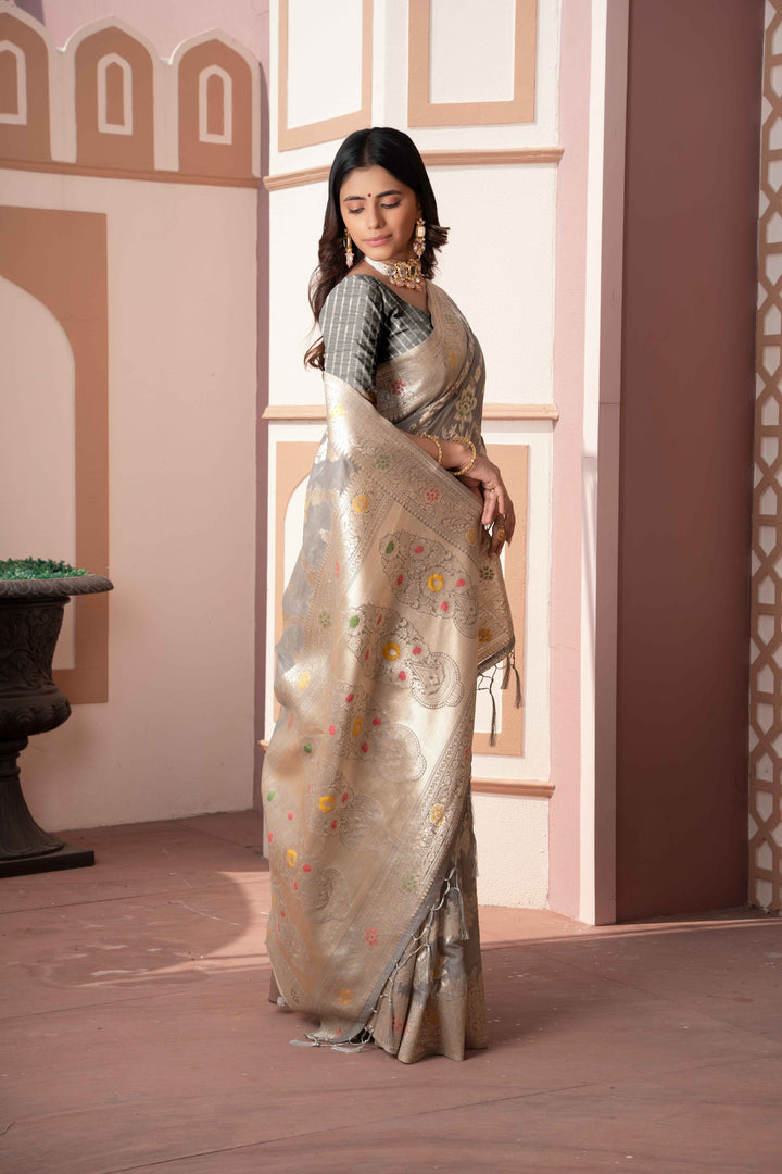 Gray Color Cotton Silk Saree With Woven Zari Work With Unstitched Blouse Piece