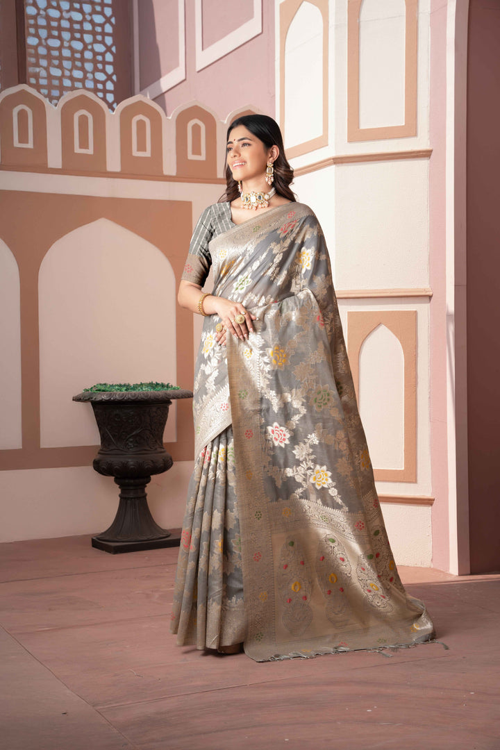 Gray Color Cotton Silk Saree With Woven Zari Work With Unstitched Blouse Piece