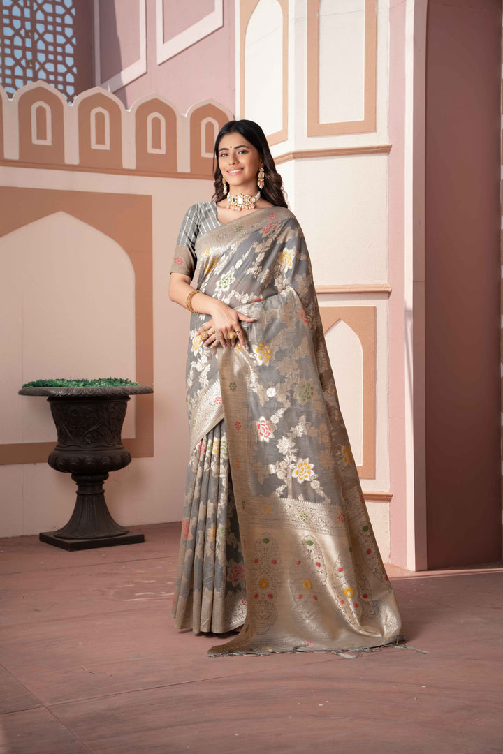 Gray Color Cotton Silk Saree With Woven Zari Work With Unstitched Blouse Piece