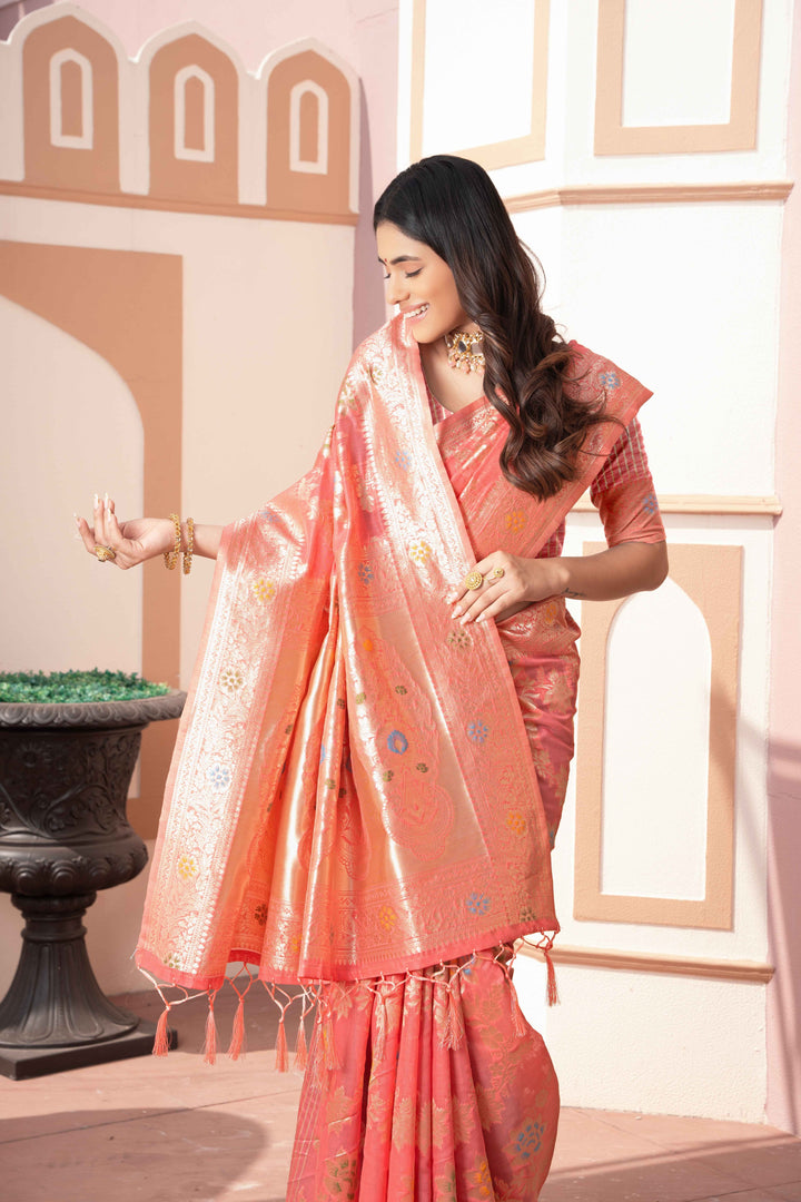Peach Color Cotton Silk Saree With Woven Zari Work With Unstitched Blouse Piece
