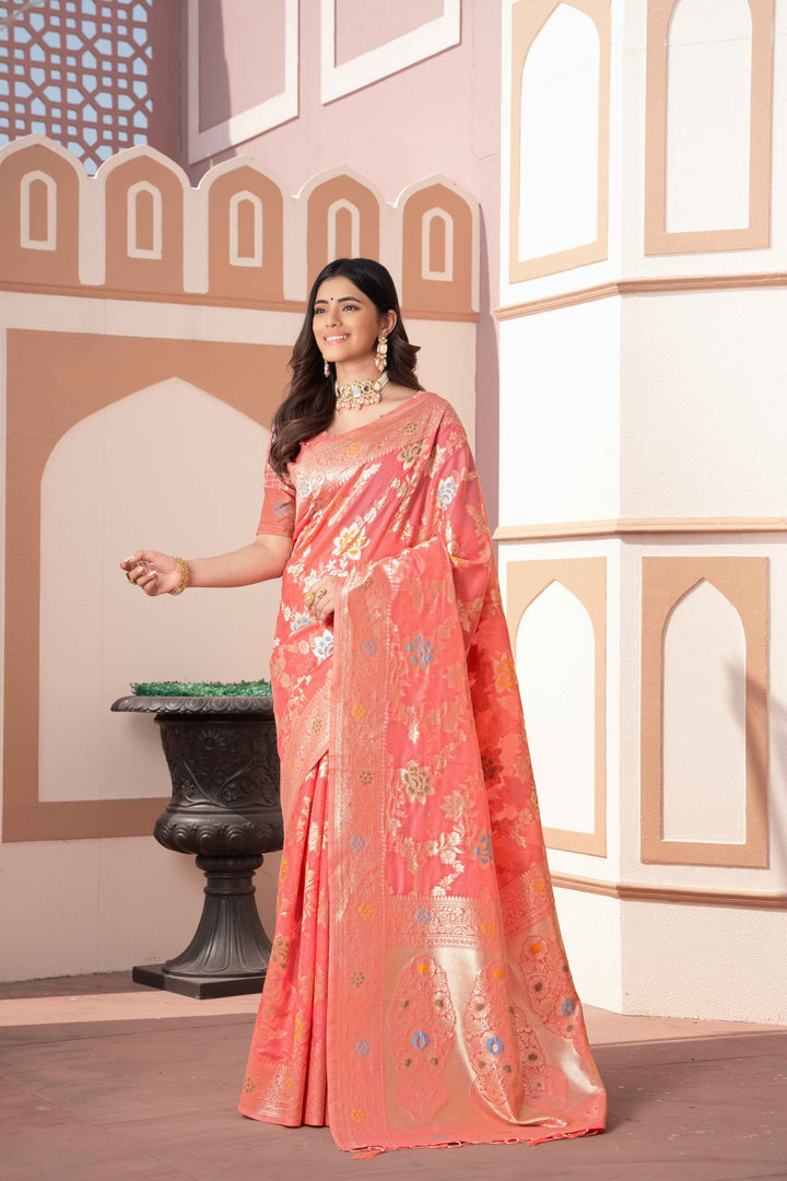Peach Color Cotton Silk Saree With Woven Zari Work With Unstitched Blouse Piece