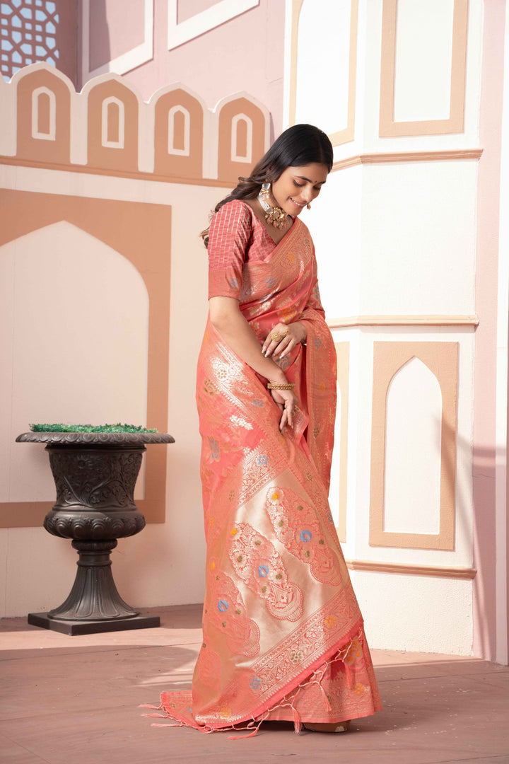 Peach Color Cotton Silk Saree With Woven Zari Work With Unstitched Blouse Piece