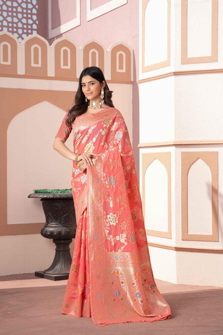 Peach Color Cotton Silk Saree With Woven Zari Work With Unstitched Blouse Piece