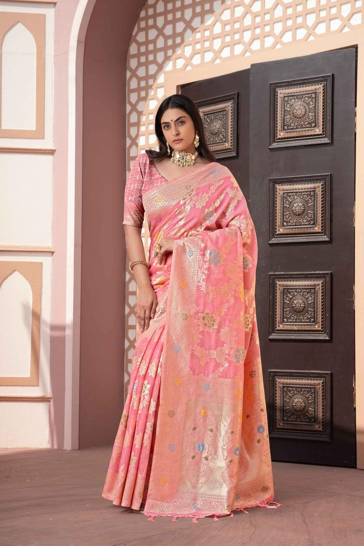Pink Color Cotton Silk Saree With Woven Zari Work With Unstitched Blouse Piece