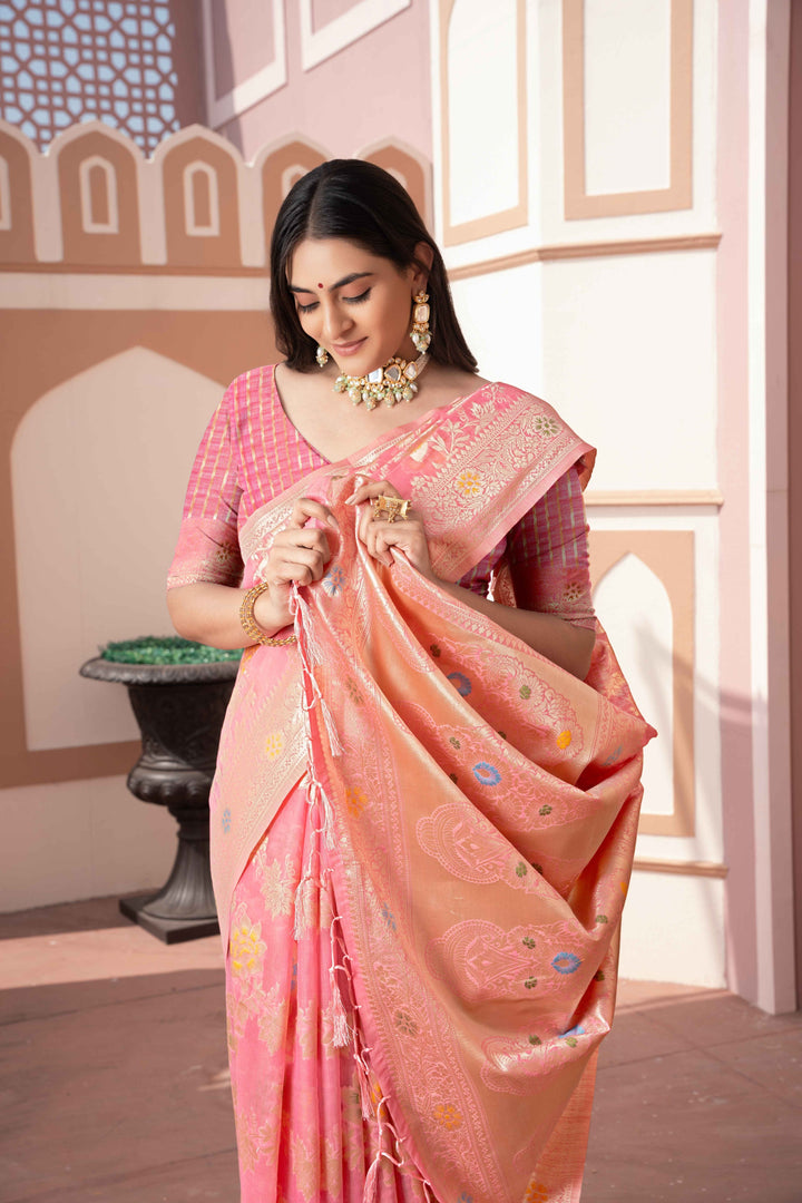 Pink Color Cotton Silk Saree With Woven Zari Work With Unstitched Blouse Piece